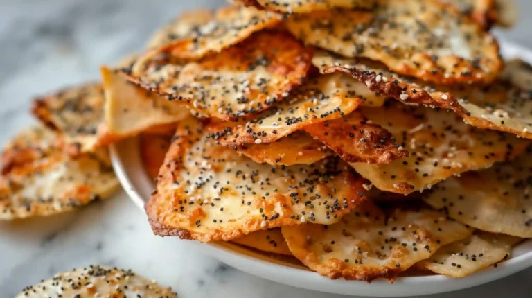 Baked cottage cheese chips with crispy edges and poppy seeds