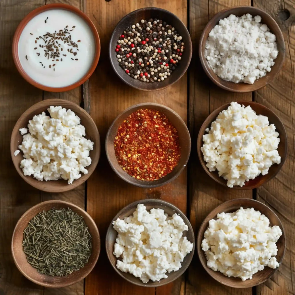 Ingredients for cottage cheese chips including cottage cheese, spices, and yogurt