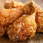 Crispy country fried chicken drumsticks on rustic wooden background