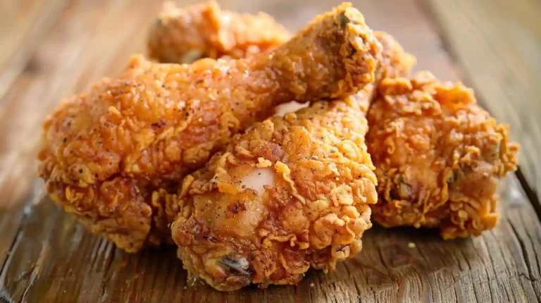 Crispy country fried chicken drumsticks on rustic wooden background