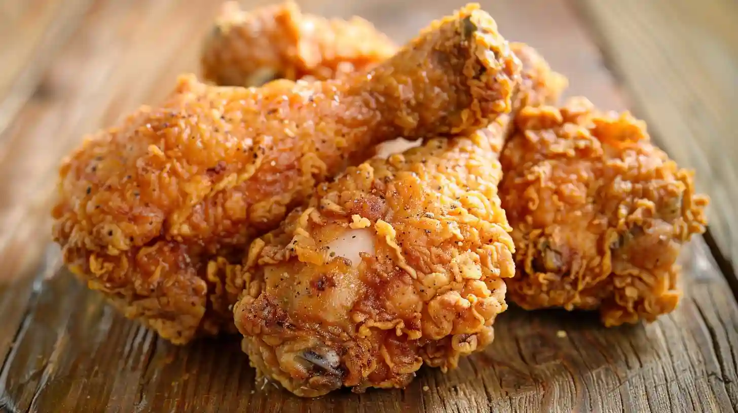 Crispy country fried chicken drumsticks on rustic wooden background