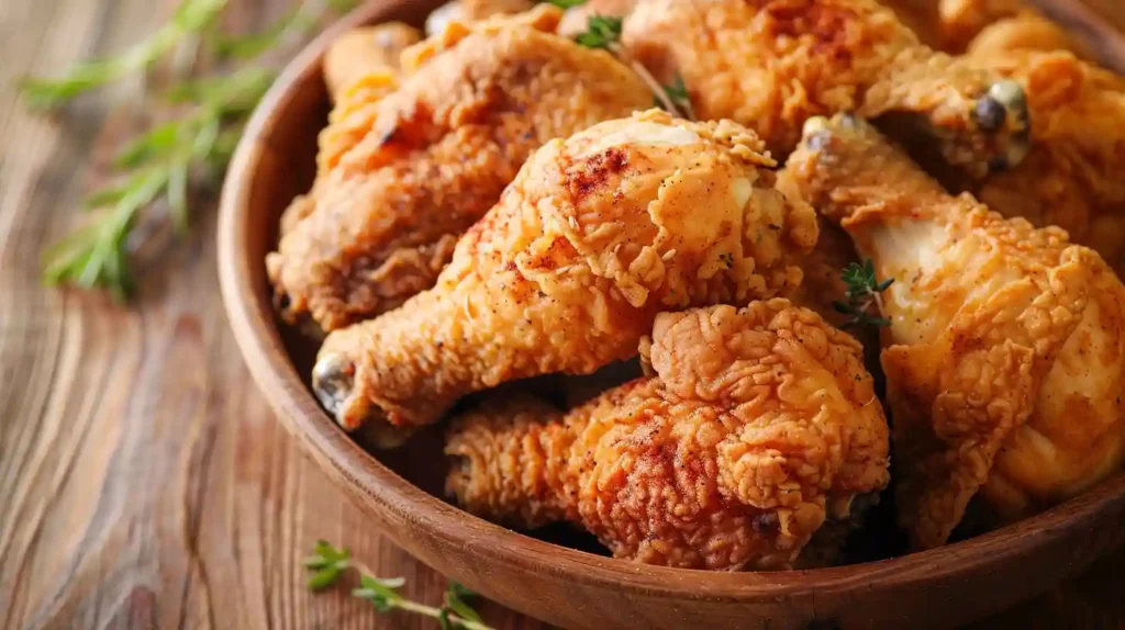 Crispy country fried chicken drumsticks on rustic wooden background