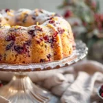 Cranberry orange breakfast cake dusted with powdered sugar