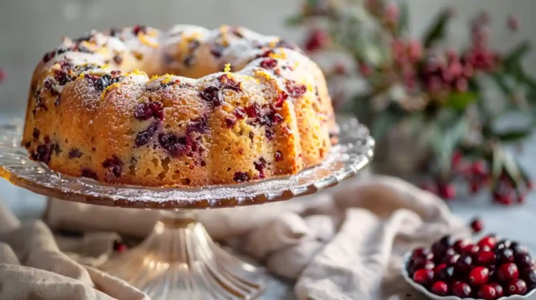Cranberry orange breakfast cake dusted with powdered sugar