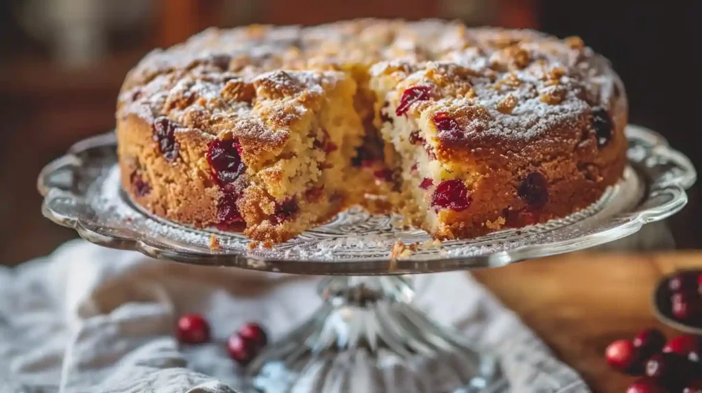 Cranberry orange breakfast cake sliced and served