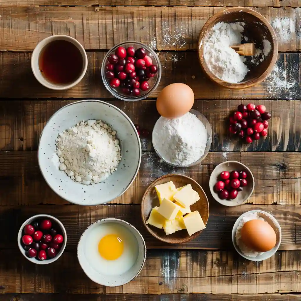 Ingredients for cranberry orange cake including flour, eggs, and cranberries