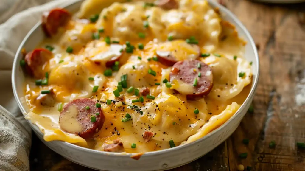 Creamy crockpot pierogi casserole with kielbasa and cheese