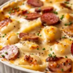 Cheesy crockpot pierogi casserole with kielbasa
