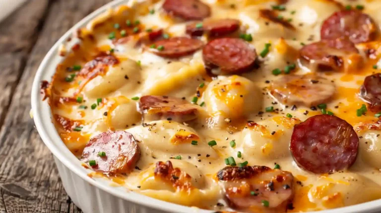 Cheesy crockpot pierogi casserole with kielbasa