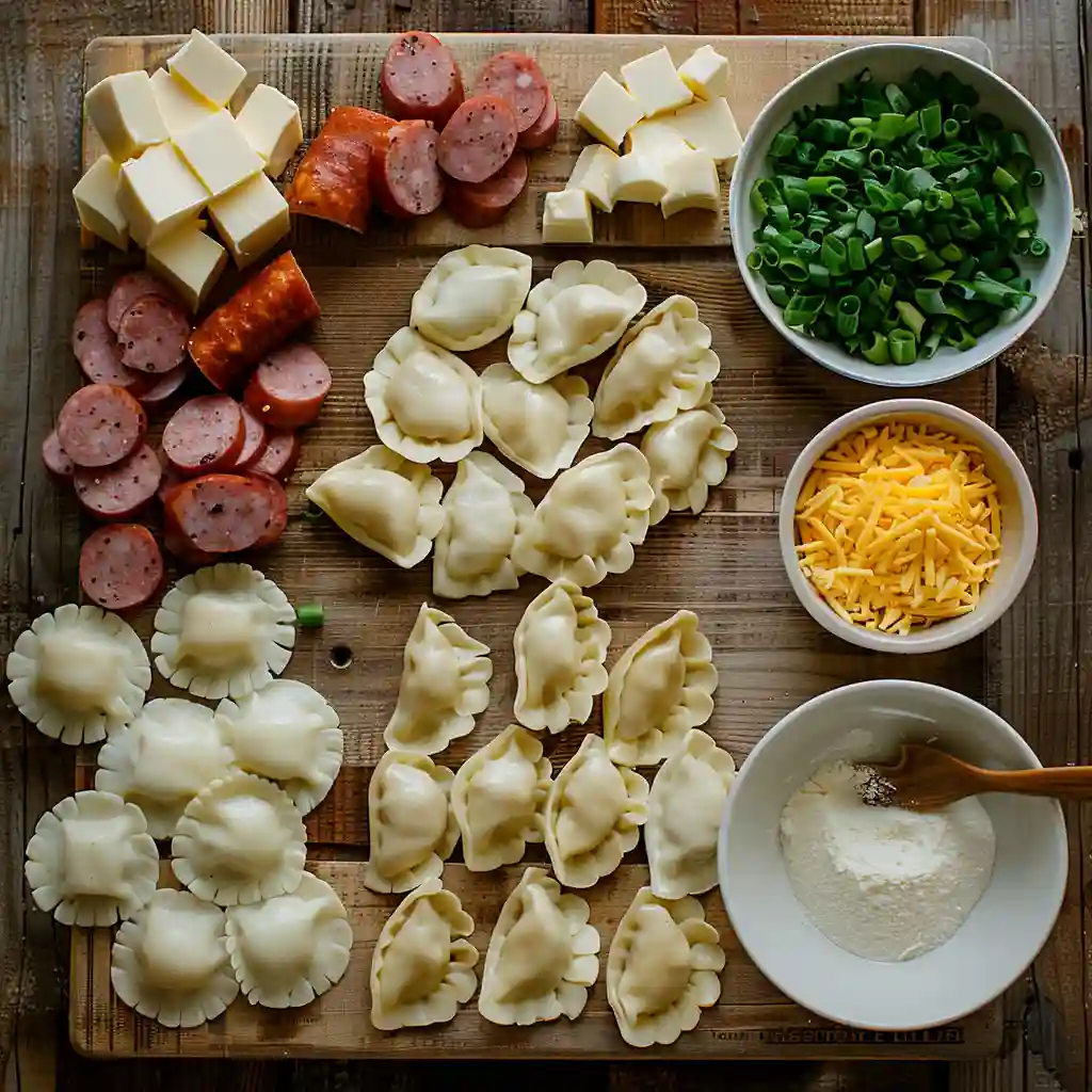 Ingredients for creamy crockpot pierogi casserole with kielbasa