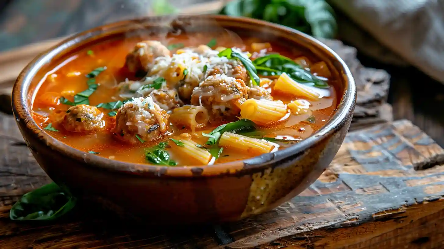 Creamy Italian meatball soup with pasta and spinach