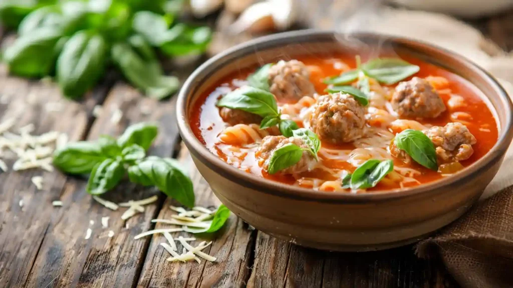 Bowl of creamy Italian meatball soup with basil and cheese