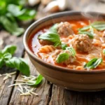 Bowl of creamy Italian meatball soup with basil and cheese