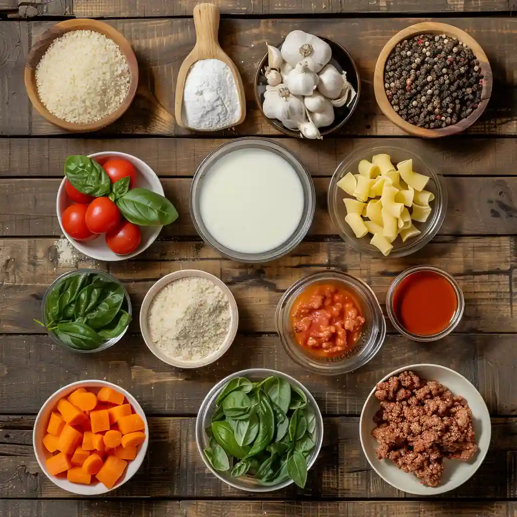 Ingredients for creamy Italian meatball soup on a wooden table