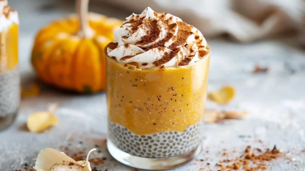 Creamy pumpkin chia pudding in glass with whipped topping