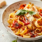 Creamy roasted tomato pasta served with fresh basil and parmesan