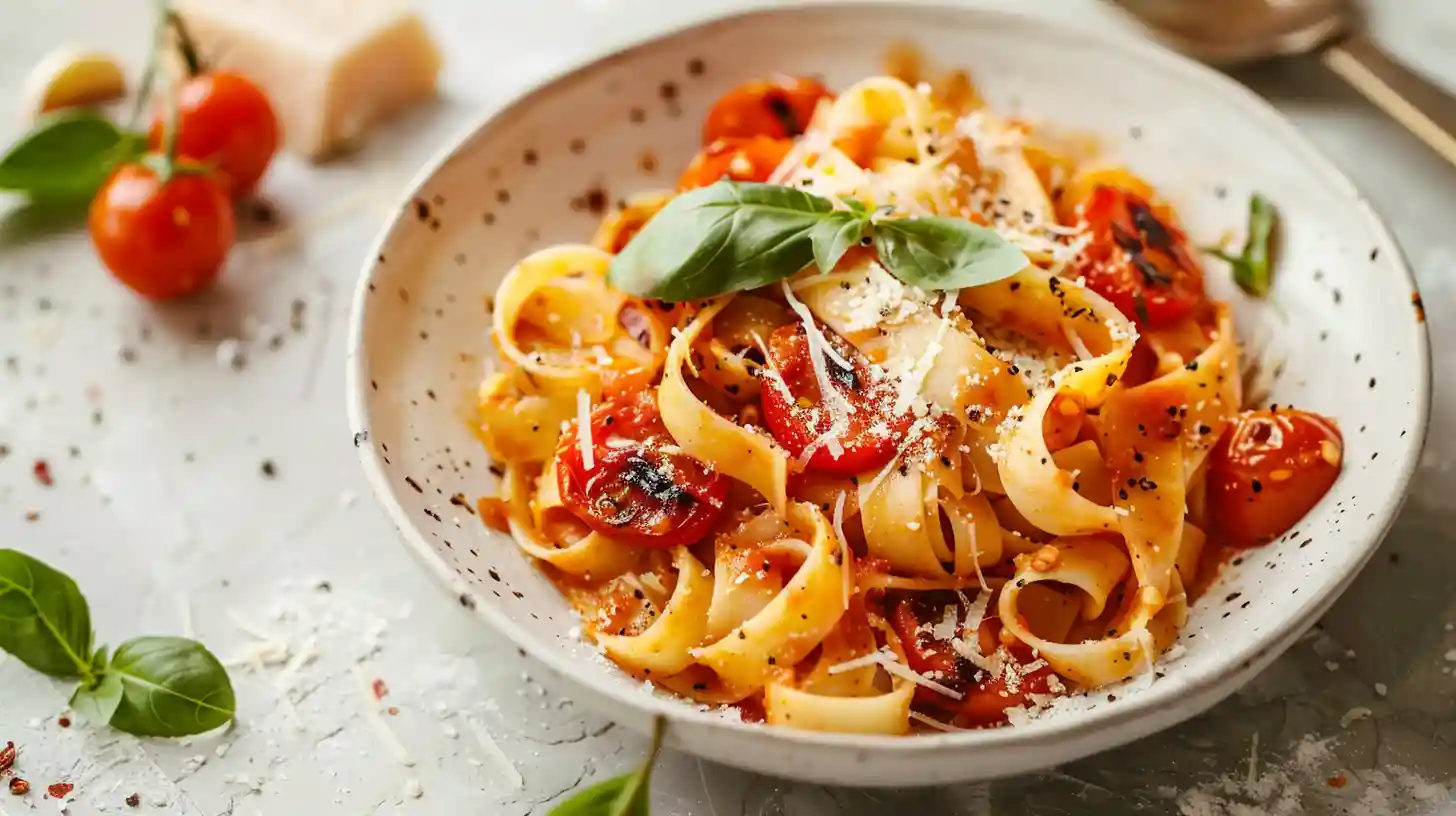 Creamy roasted tomato pasta served with fresh basil and parmesan