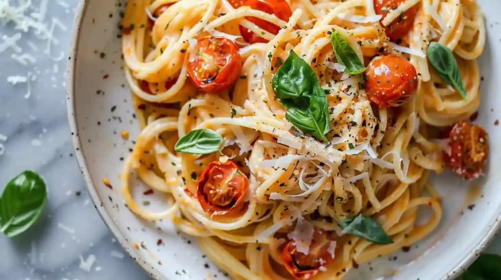 Creamy roasted tomato pasta with spaghetti and basil