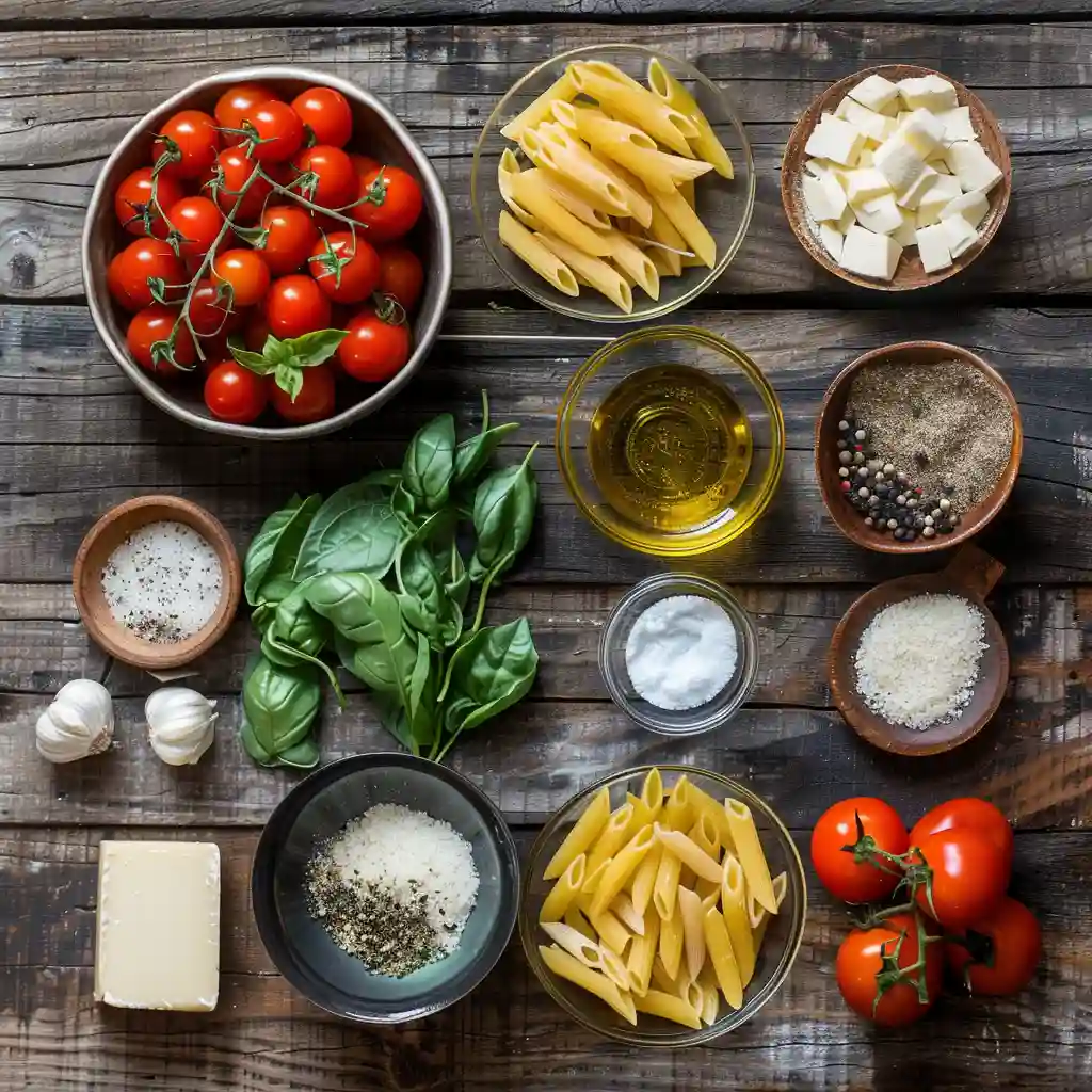 Creamy roasted tomato pasta ingredients on rustic wooden table
