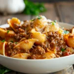 Bowl of Creamy Beef and Shells pasta with hearty meat sauce