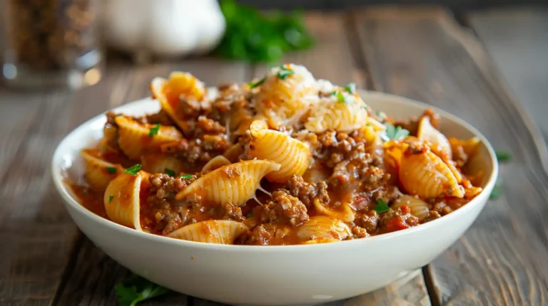 Bowl of Creamy Beef and Shells pasta with hearty meat sauce