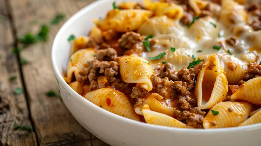 Creamy Beef and Shells pasta topped with melted cheese and parsley