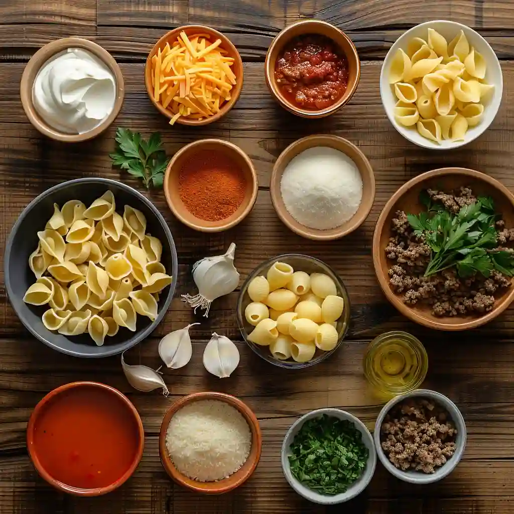 Ingredients for Creamy Beef and Shells including pasta, beef, cheese, and spices
