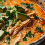 Creamy Chicken Enchilada Soup with avocado and cilantro topping