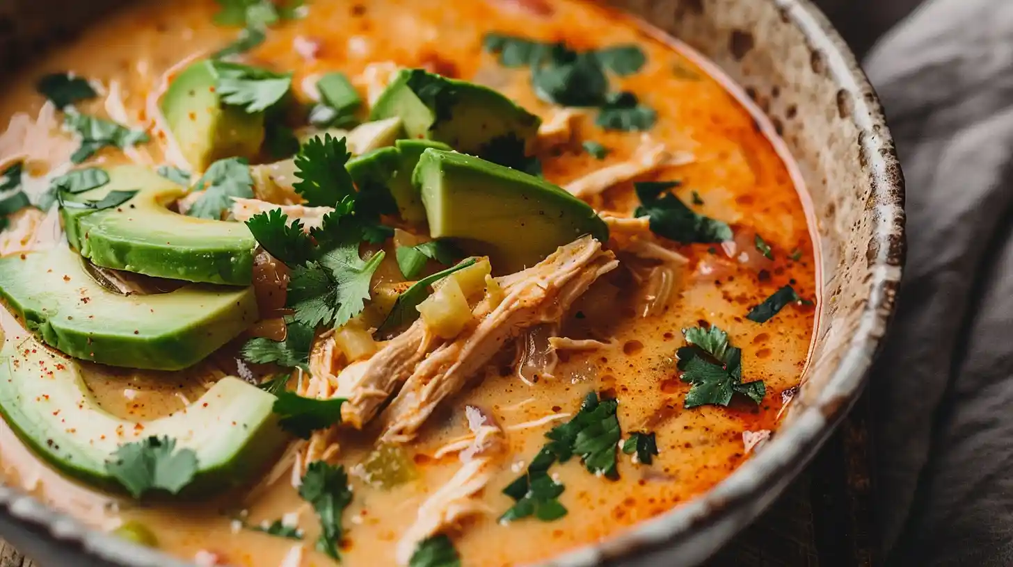 Creamy Chicken Enchilada Soup with avocado and cilantro topping