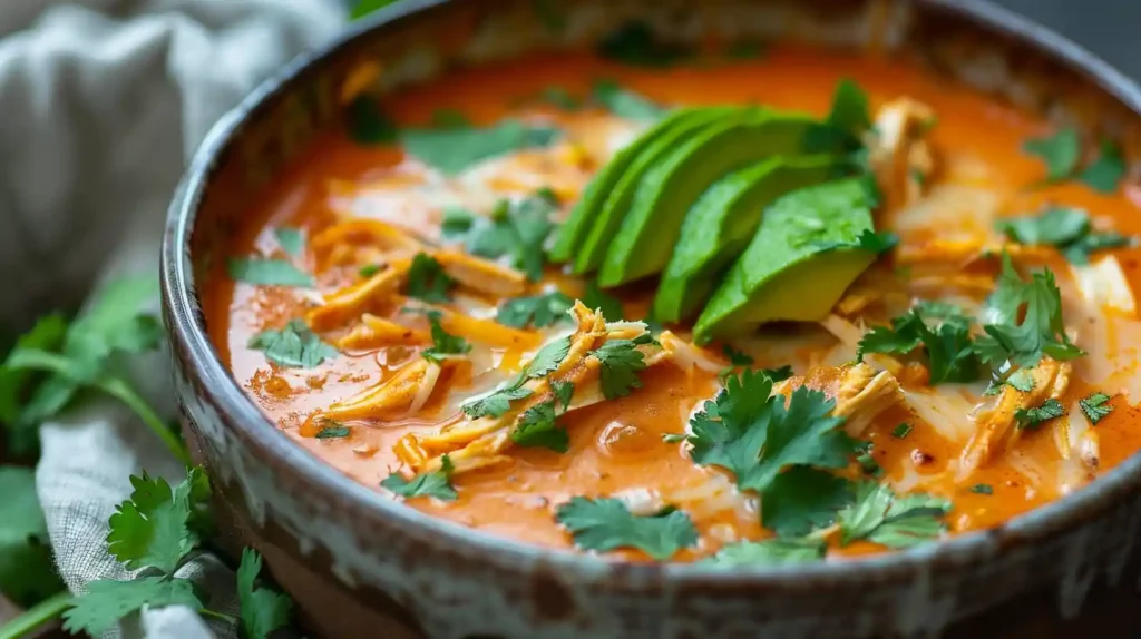 Creamy Chicken Enchilada Soup served hot in a rustic bowl