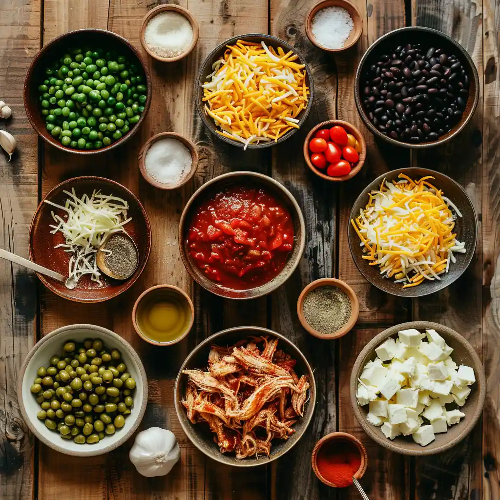 Ingredients for Creamy Chicken Enchilada Soup displayed top-down