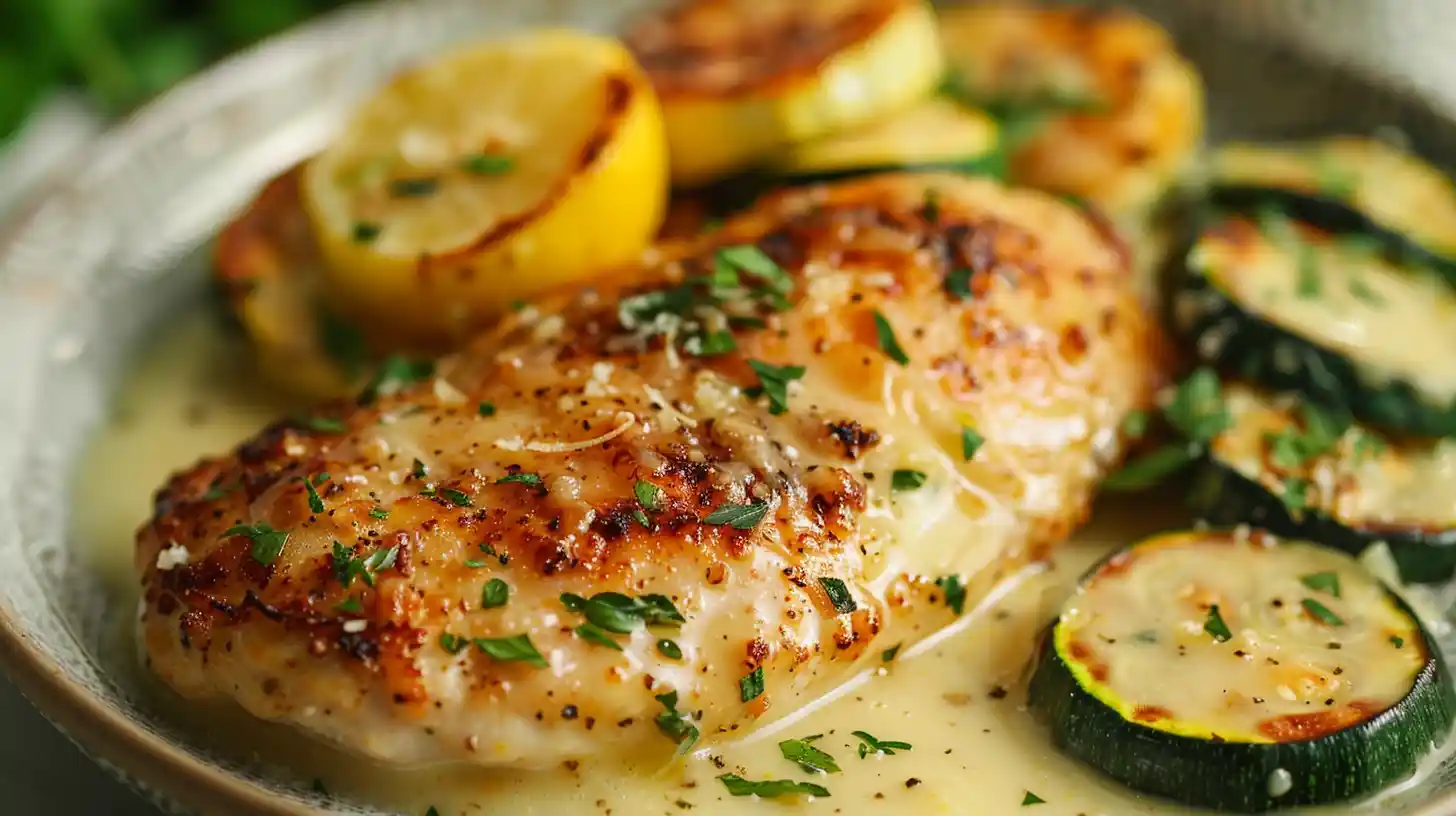 creamy lemon butter chicken with crispy zucchini and grilled lemon