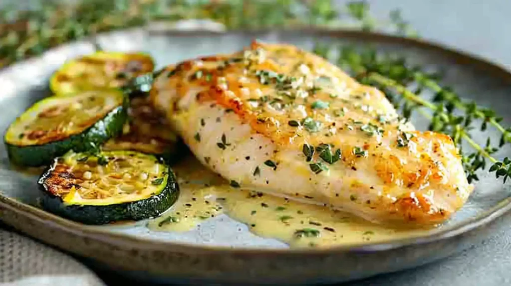 creamy lemon butter chicken with crispy zucchini on a ceramic plate