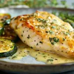 creamy lemon butter chicken with crispy zucchini on a ceramic plate