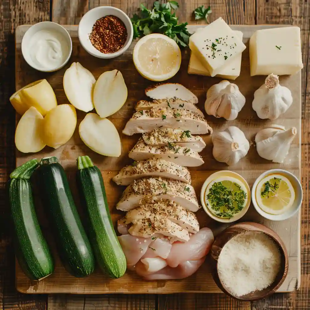 ingredients for creamy lemon butter chicken with crispy zucchini