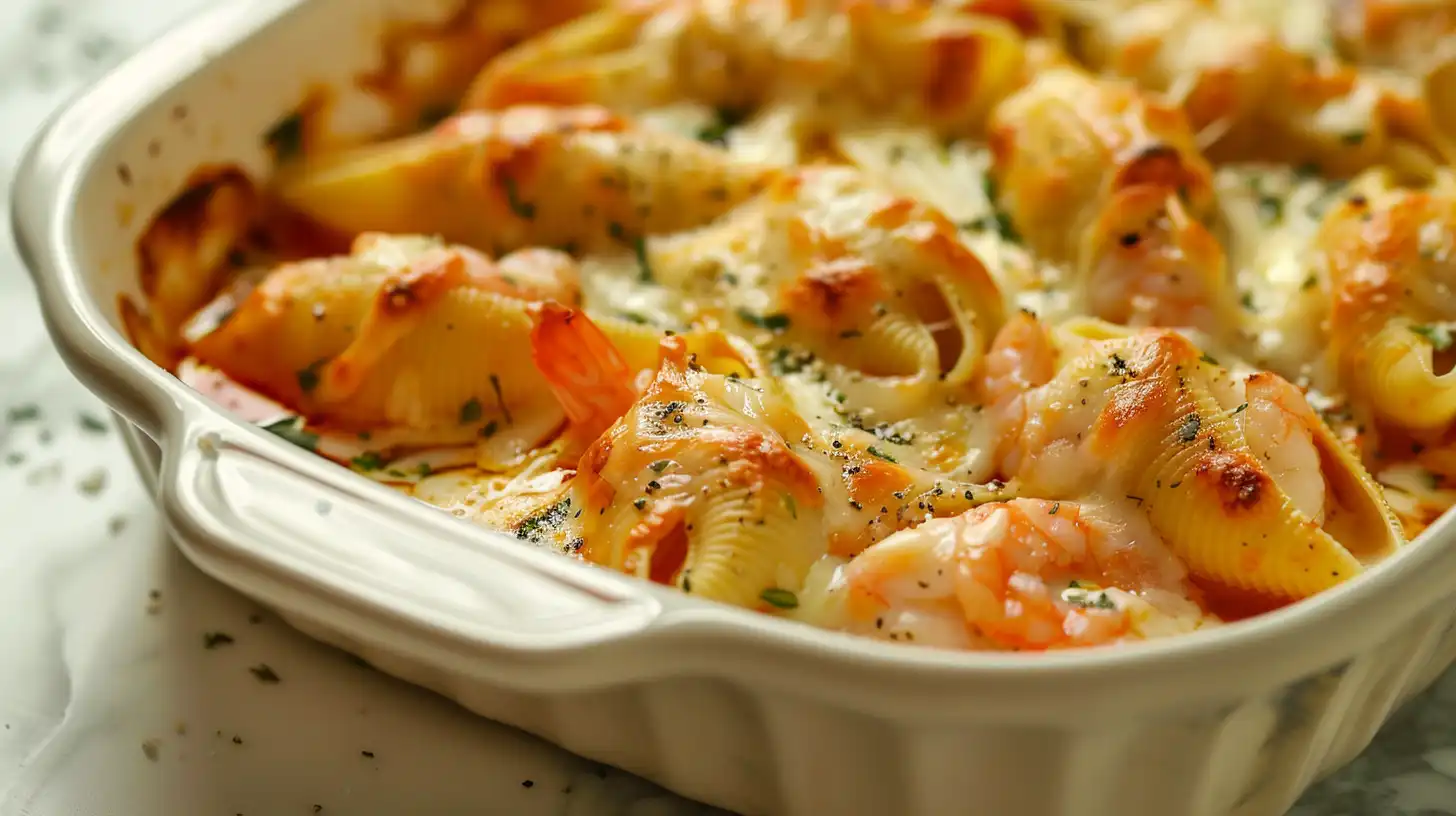Creamy Seafood Stuffed Shells baked in a white dish with golden cheese and shrimp