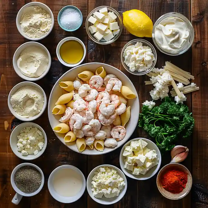 Ingredients for Creamy Seafood Stuffed Shells including shrimp, cheese, pasta shells, and herbs