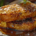 Close-up of cr&egrave;me br&ucirc;l&eacute;e French toast with syrup and sea salt flakes