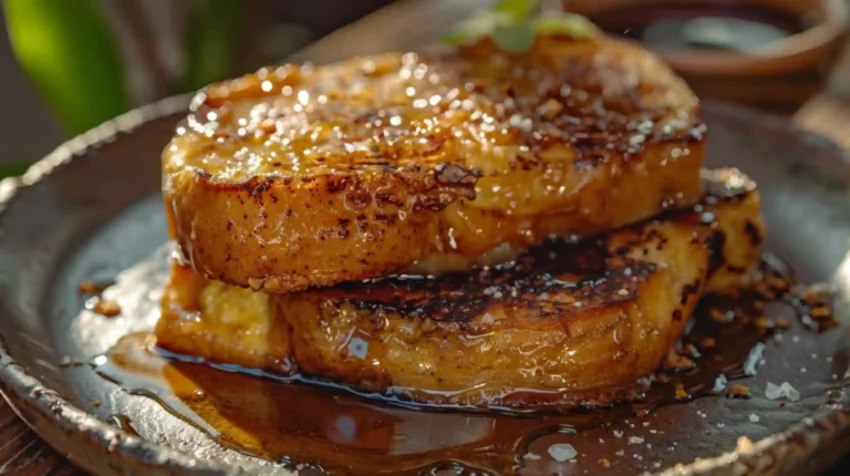 Close-up of crème brûlée French toast with syrup and sea salt flakes