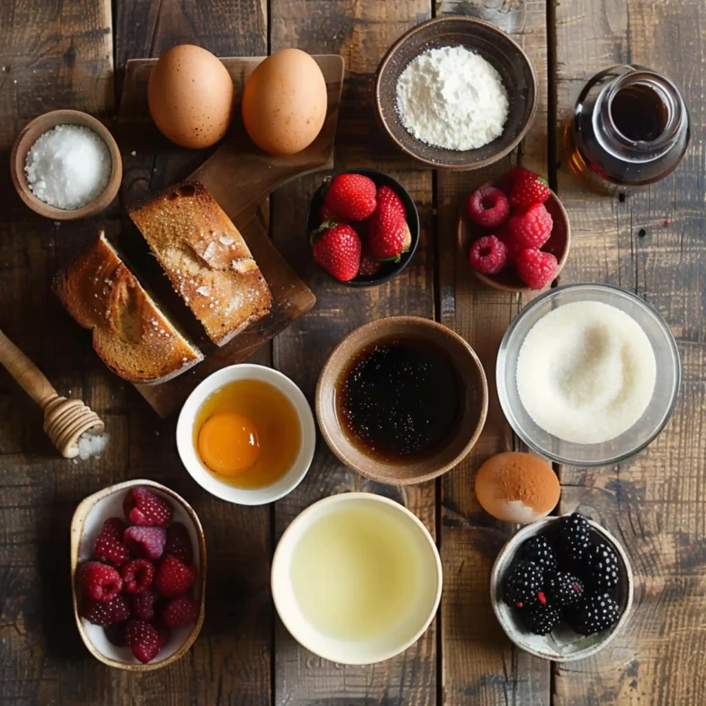 Ingredients for cr&egrave;me br&ucirc;l&eacute;e French toast including eggs, brioche, berries, and sugar