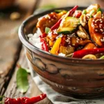 Crockpot Kung Pao Chicken closeup in bowl