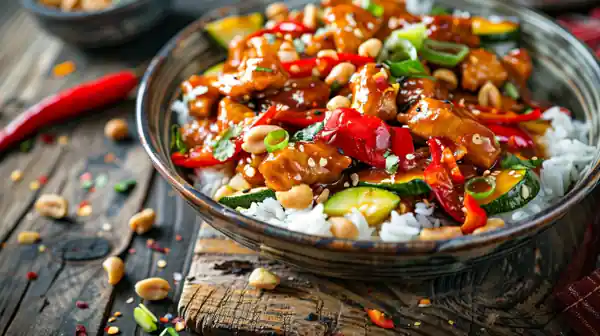 Top view of Crockpot Kung Pao Chicken bowl