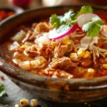 Crockpot pozole closeup with shredded pork and hominy