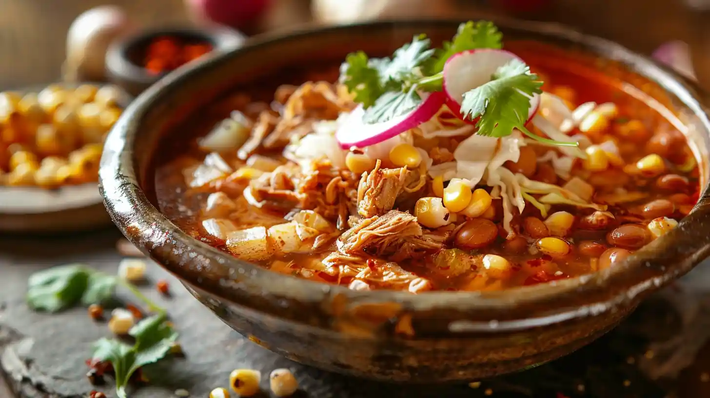 Crockpot pozole closeup with shredded pork and hominy