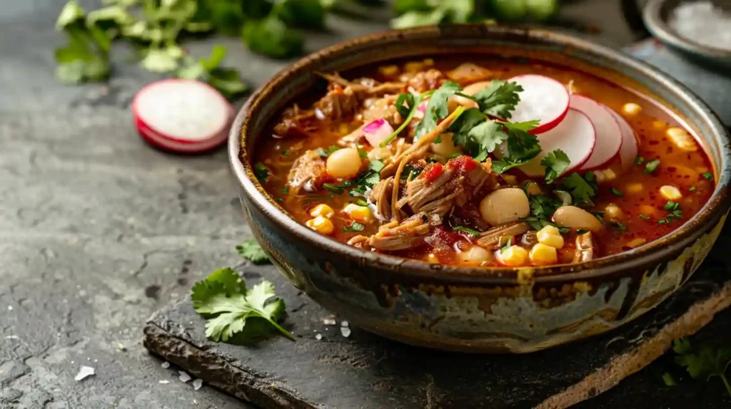 Crockpot pozole side view in rustic bowl