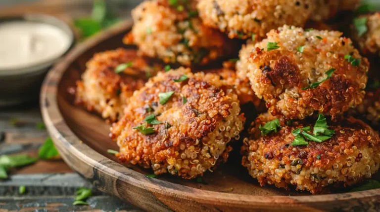Crispy golden Crunchy Quinoa Veggie Patties on a wooden plate