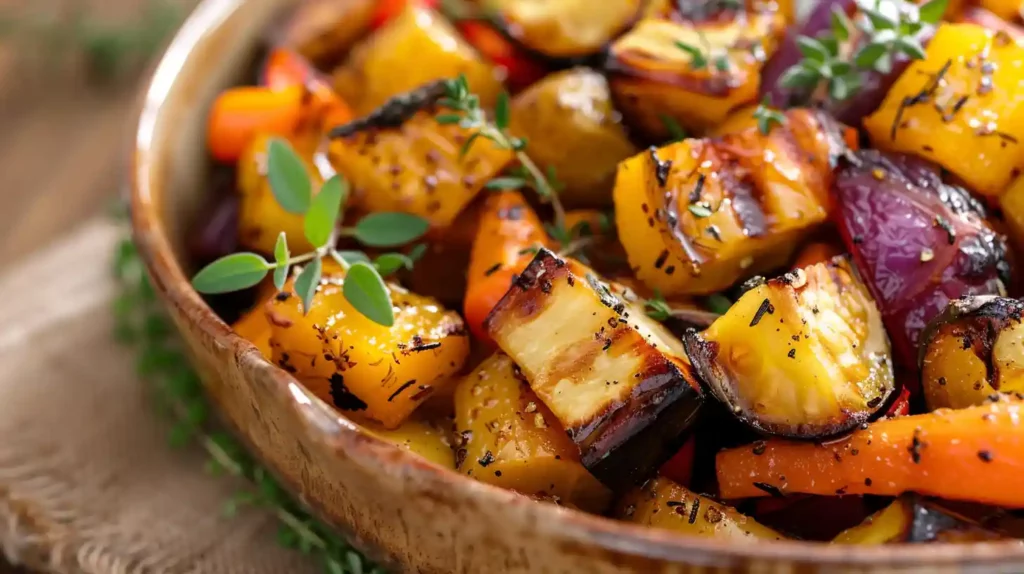 Close-up of Delicious Maple Dijon Roasted Vegetables with herbs
