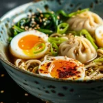 Dumpling ramen bowl with soft-boiled eggs and fresh greens.