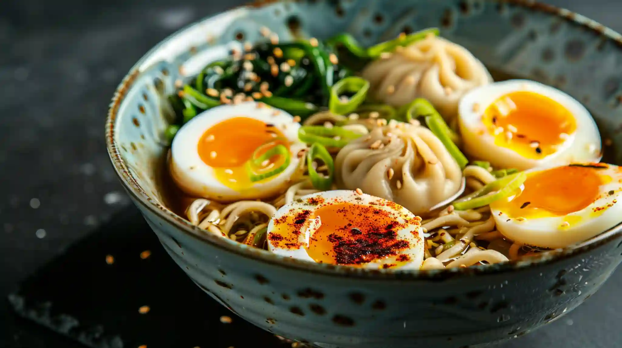 Dumpling ramen bowl with soft-boiled eggs and fresh greens.
