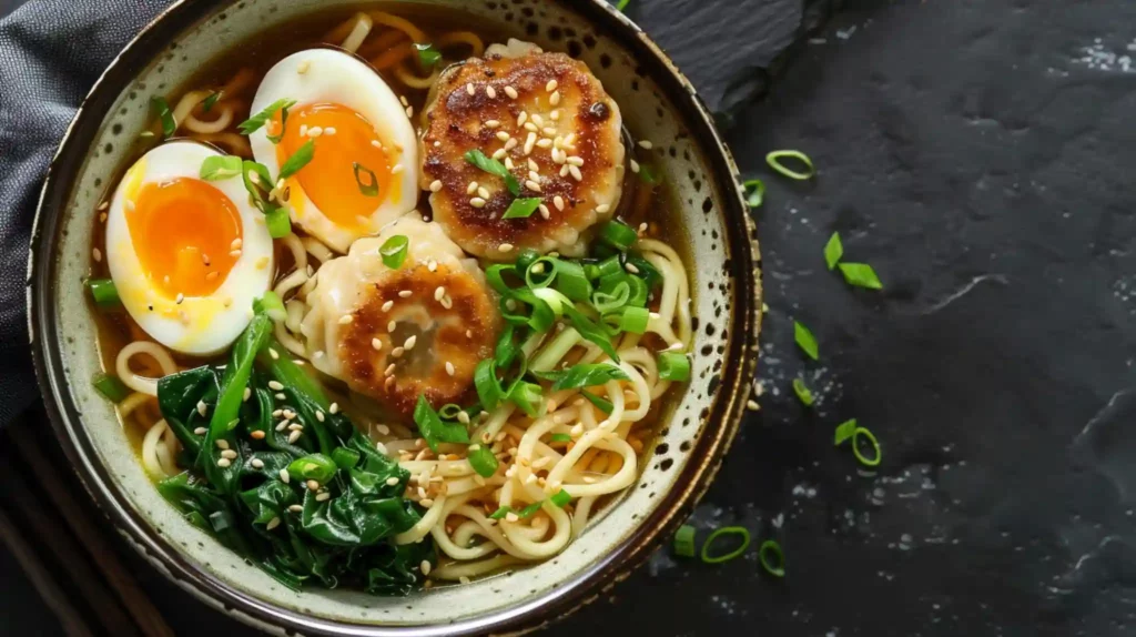 Steamy dumpling ramen bowl with soft-boiled eggs and greens.